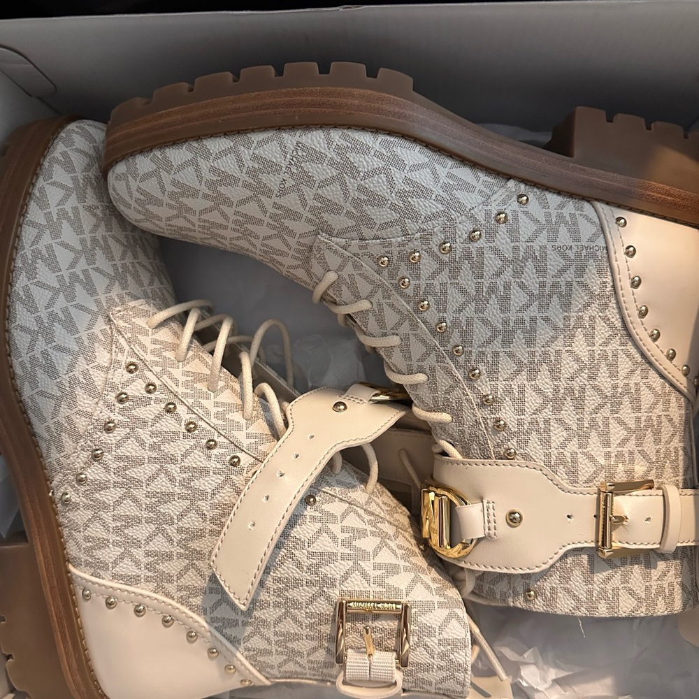 Michael Kors Cream and Gold Combat Boots with Studded Accents